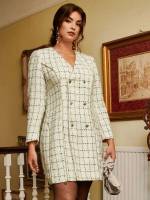 Double Button White Plaid Short Plus Size Overcoats 440