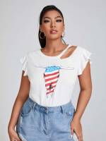 Asymmetrical Neck Cap Sleeve Flag Casual Plus Size Tops 4353