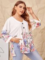 White Oversized Floral Three Quarter Length Sleeve Women Plus Clothing 5371