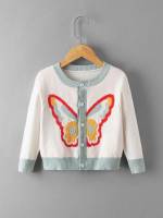 Butterfly Round Neck White Regular Toddler Girl Cardigans 2744