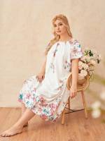 Floral White Short Sleeve Women Plus Sleep  Lounge 7852