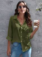 Plain Button Front Long Sleeve Regular Women Blouses 859