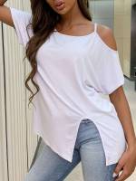 Plain White Asymmetrical Casual Women Tops, Blouses  Tee 7304