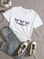 Short Sleeve Butterfly White Women Tops, Blouses  Tee 6376