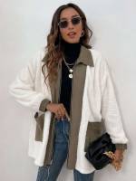 Long Sleeve Oversized Pocket Colorblock Women Coats 525