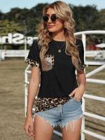 Regular Round Neck Leopard Short Sleeve Women T-Shirts 7671