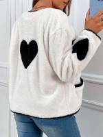 Contrast Binding Heart V neck Regular Fit Women Faux Fur Coats 4984