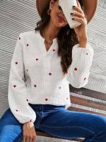 Regular Fit Heart Embroidery White Women Tops, Blouses  Tee 580