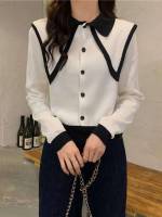 Crop Colorblock Contrast Collar Long Sleeve Women Cardigans 8426