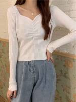 Ruched Plain Long Sleeve Women Clothing 711