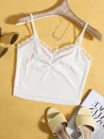 Casual Regular Fit White Contrast Lace Women Tank Tops  Camis 2876