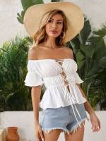 Half Sleeve Off the Shoulder White Women Clothing 4432