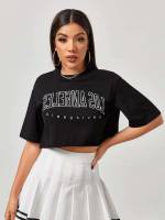 Casual Crop Letter Round Neck Women Tops, Blouses  Tee 556