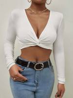 White Deep V Neck Twist Women Tops 5166