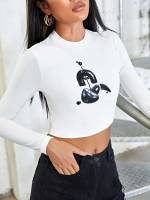 Long Sleeve Slim Fit Graphic White Women Tops, Blouses  Tee 5686