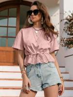  Round Neck Casual Short Sleeve Women Blouses 574