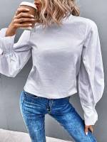  White Stand Collar Long Sleeve Women Tops, Blouses  Tee 766