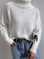 Plain High Neck Rib-Knit Long Sleeve Women Sweaters 2257