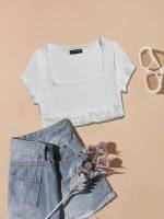 Slim Fit White Cap Sleeve Square Neck Women Tops, Blouses  Tee 1795