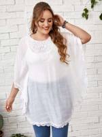  Plain Contrast Lace White Plus Size Cover Ups  Kimonos 3425