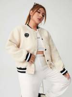 Baseball Collar White Patched Regular Fit Plus Size Jackets 389