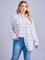 Collar Plaid White Oversized Plus Size Blouses 3865