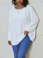 Eyelet Embroidery Round Neck Long Casual Plus Size Tops 2645