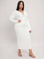 White Elegant Button Front Plus Size Sweater Co-ords 1477