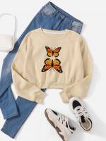 Round Neck White Butterfly Women Sweatshirts 922