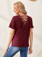  Contrast Lace Regular Fit Casual Women Tops, Blouses  Tee 234