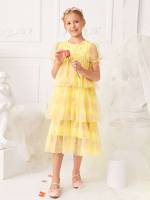 Round Neck Regular Fit Long Yellow Girls Dresses 840