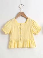 Yellow Cute Square Neck Regular Fit Toddler Girls Clothing 9968