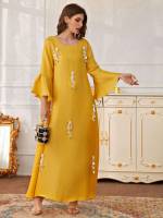 Yellow Three Quarter Length Sleeve Round Neck Modest Arabian Wear 6192