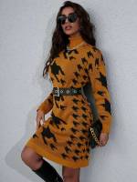 Yellow Houndstooth Regular Fit Women Sweater Dresses 7451