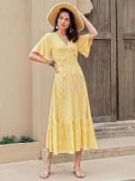 Boho Striped Tie Back Yellow Women Clothing 1563