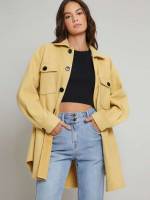 Yellow Short Plain Long Sleeve Women Overcoats 369