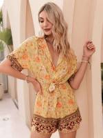 Short Floral Button Women Jumpsuits 783