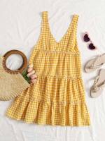  Yellow Short Gingham Women Dresses 9411