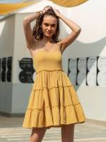 Mini Yellow Spaghetti Strap Ruffle Hem Women Dresses 3847