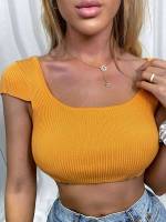  Yellow Crop Women Knit Tops 4354