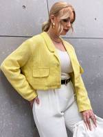 Yellow Fake Pockets Regular Fit Crop Plus Size Blazers 380