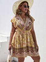 Floral Cap Sleeve V neck Yellow Plus Size Dresses 884