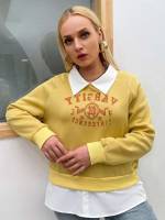 Regular Yellow Contrast Collar Letter Plus Size Sweatshirts 3446