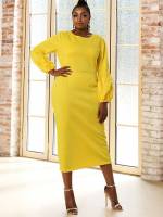 Regular Fit Plain Elegant Yellow Plus Size Dresses 6850