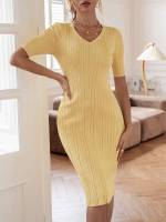  Slim Fit Yellow V neck Women Clothing 79