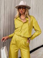 Long Sleeve Pocket Yellow Women Two-piece Outfits 8319