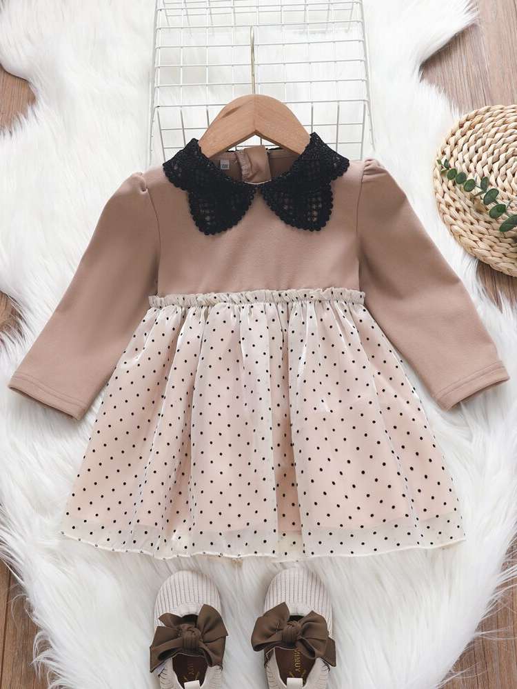  Short Peter Pan Collar Contrast Mesh Baby Clothing 7414