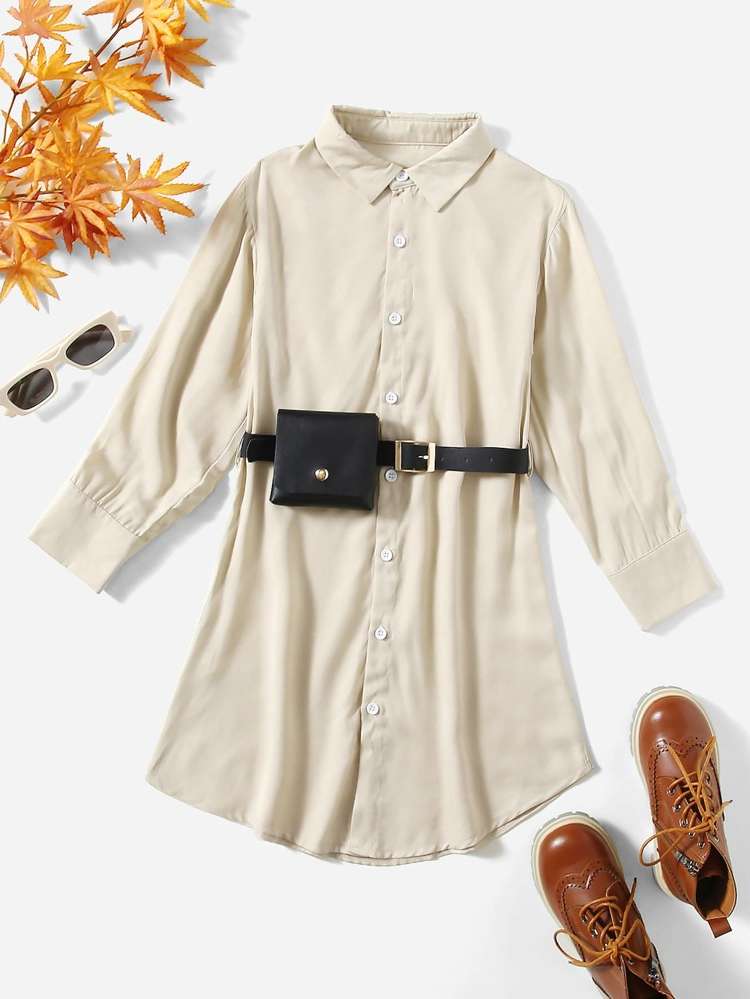 Belted Collar Regular Fit Casual Girls Dresses 590