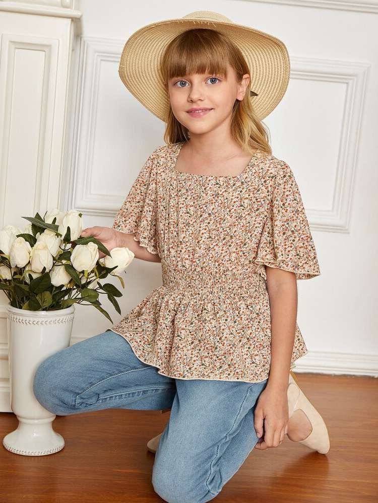  Square Neck Regular Shirred Girls Tops 4253