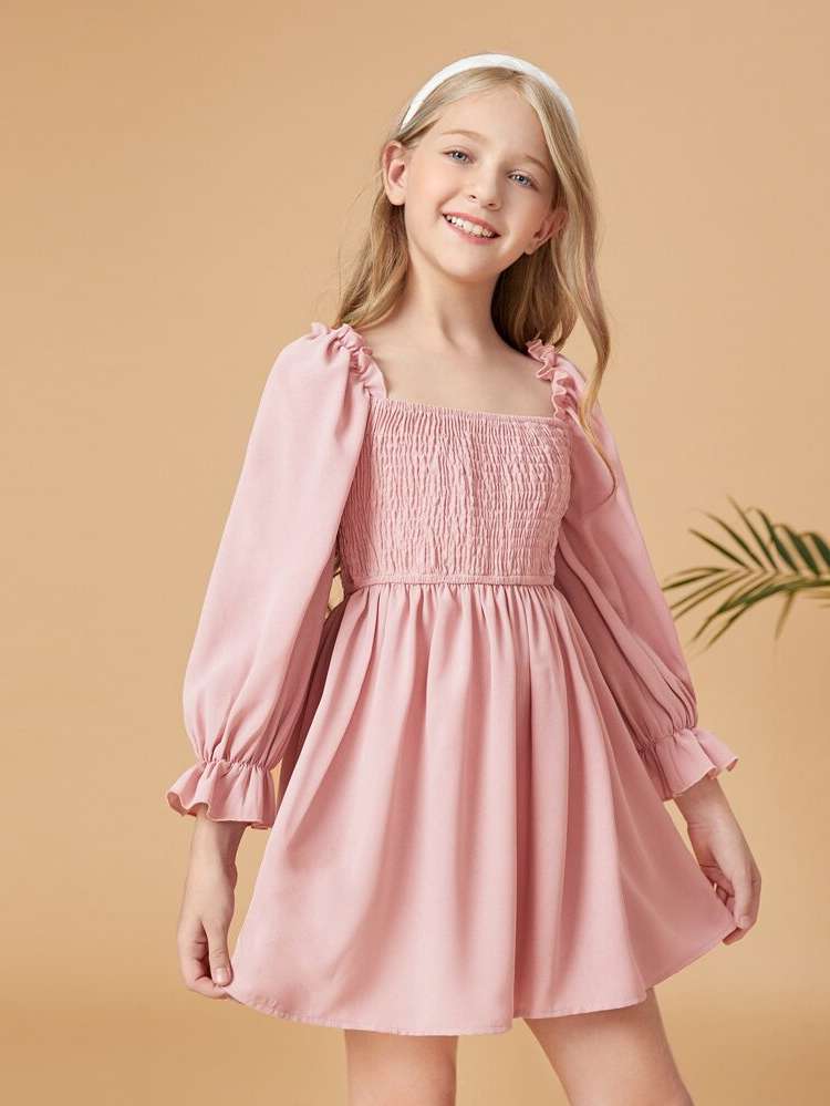 Regular Fit Short Square Neck Long Sleeve Girls Dresses 9403